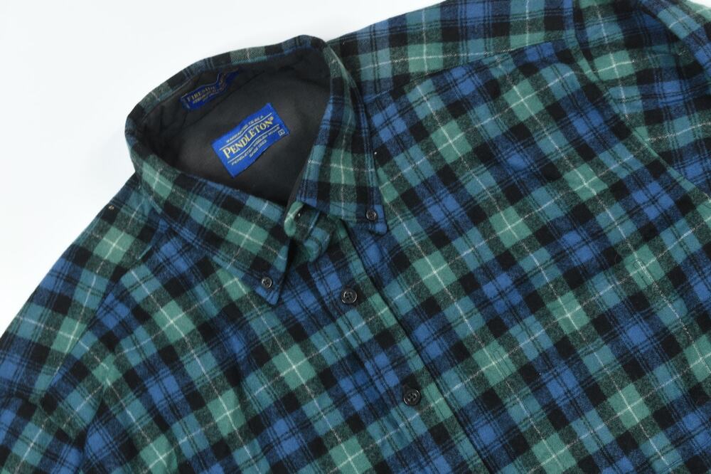 Pendleton Fireside Shirt Mens Large Blue Green Plaid Wool Long Sleeve Button-Up